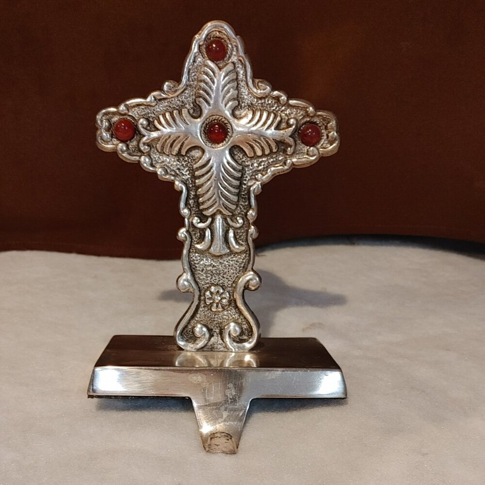 Ornate Silver Cross Floral Swirl Red Jewel Christmas Stocking Hanger